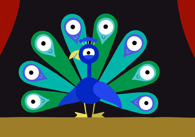 animated peacock in a theatre