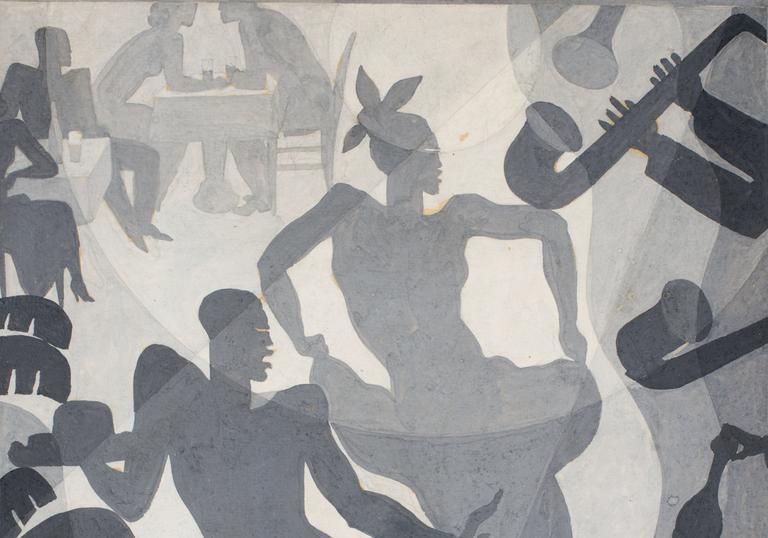 Aaron Douglas' Dance, featuring a man and a woman dancing at a club, with instruments