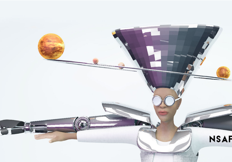 An image of a female wearing sunglasses, her robotic arms stretched out either side of her and planets revolving around her headpiece