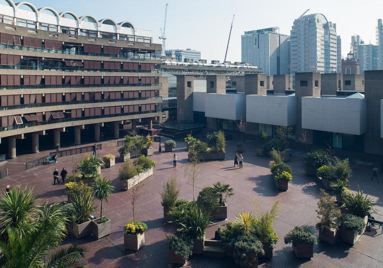 A photo of the Sculpture Court on Level 3 of the Barbican, Barbican Art Gallery and Frobisher Crescent