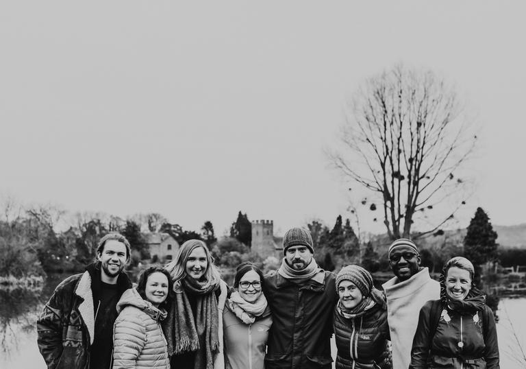 Black and white group photo of Lost Words Spell Songs Musicians