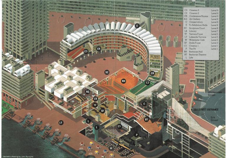 A 1982 colour map of the Barbican Centre and the estate, from a bird's eye point of view