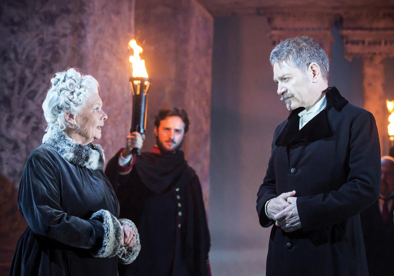 Judi Dench and Kenneth Branagh facing each other in The Winter's Tale