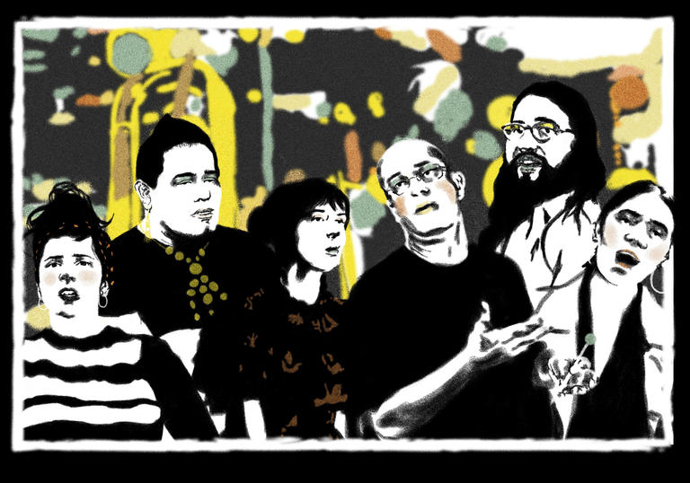 An illustration of the guests for Swordfishtrombones Revisited in the style of the record artwork