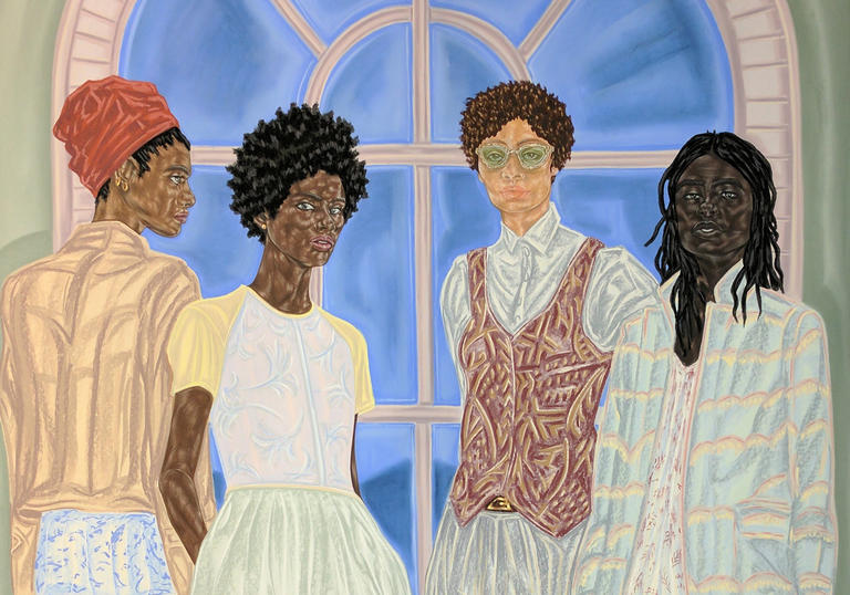A painting by artist Toyin Ojih Odutola, showing 4 young adults stood by a window