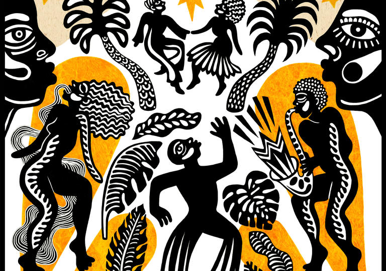 Illustration showing people singing, playing music and dancing, in a traditional African style