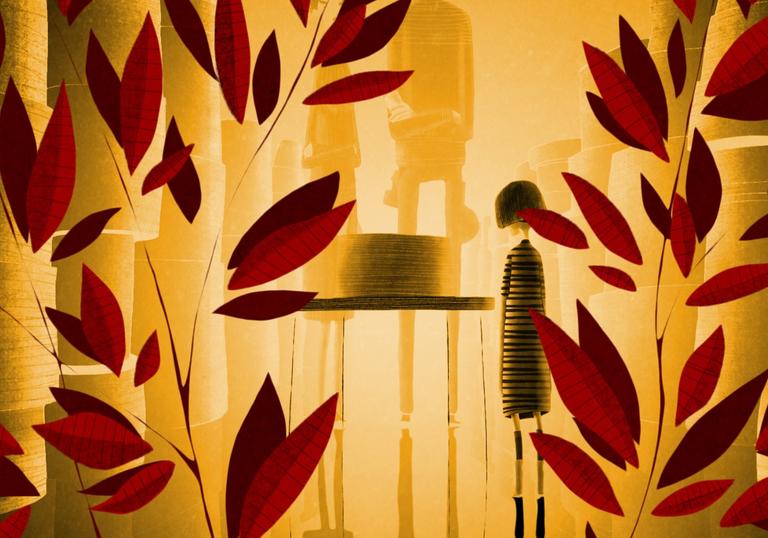 a woman stands in a golden forest near a table surrounded by red leaves