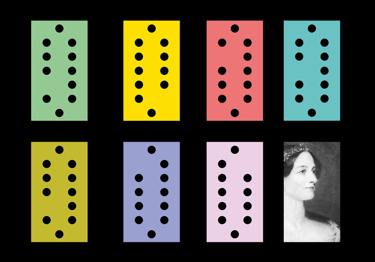 Illustration of punch cards for Ada Lovelace's computer programme and a portrait of Lovelace