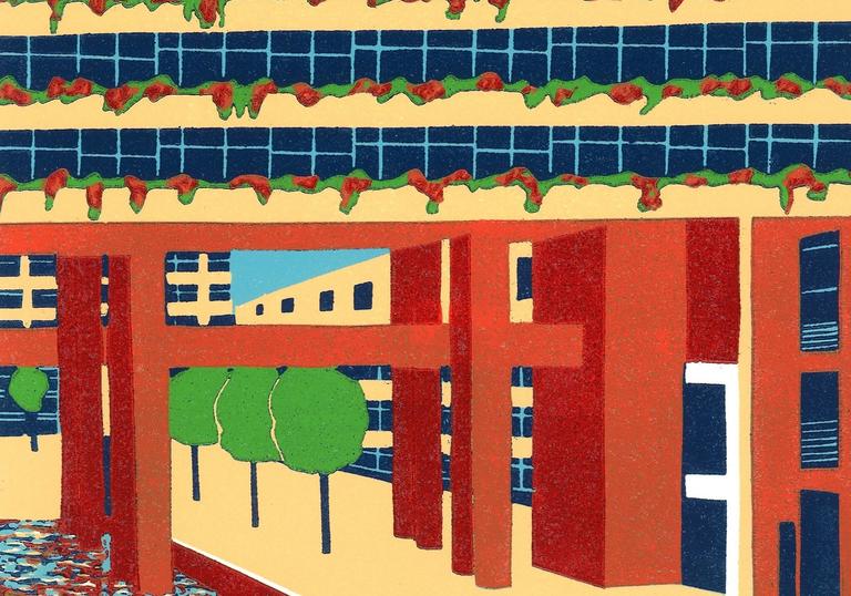 Linocut print of Barbican Estate balconies by Jennie Ing
