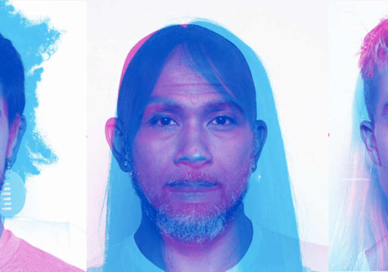 three people in a row with different face superimposed over the top