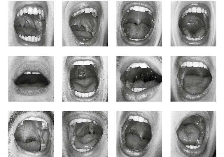 a 4x3 panel of close up photos of peoples mouths. Tongues and teeth are exposed. The image is in black and white