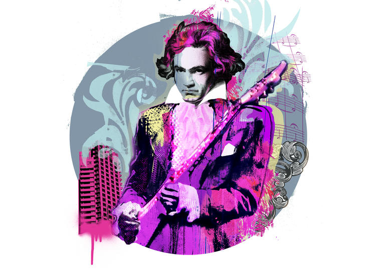 Illustration of Beethoven wearing Prince's trademark purple suit and holding a guitar