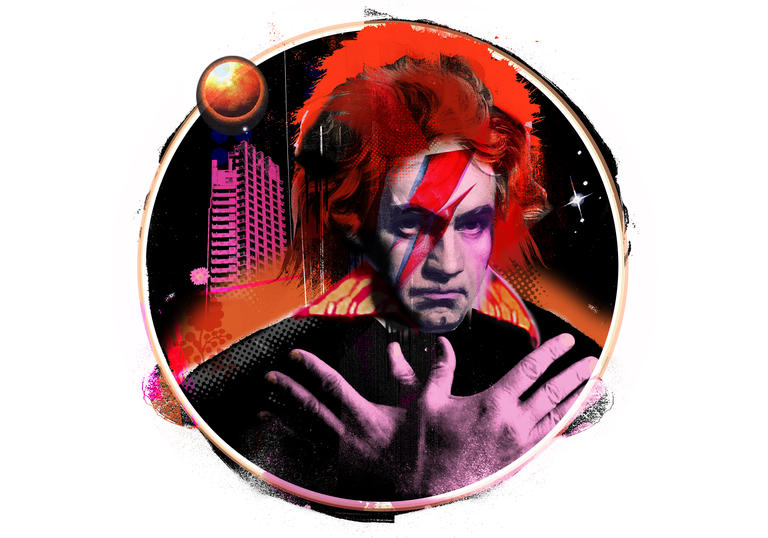 Illustration of Beethoven with David Bowie's trademark Ziggy Stardust lightning bolt makeup