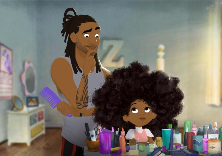A Dad looks at his daughter's hair with confusion and a comb in his hand