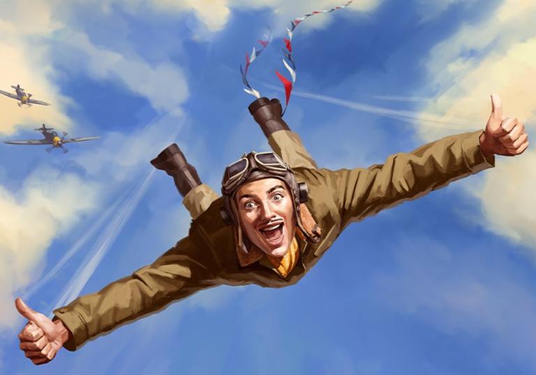 man flies through the air with spitfires behind him