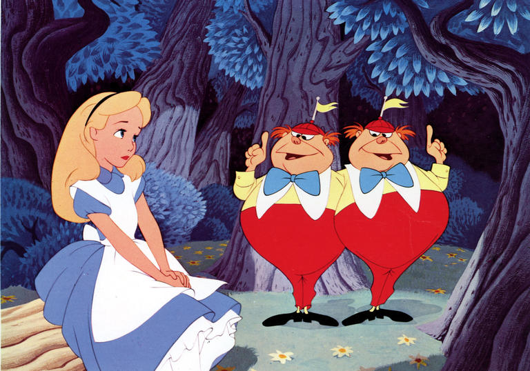 alice in the forest with tweedle dum and tweedle dee