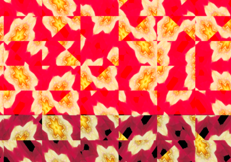 Kaleidescope pattern of pink and purple white and yellow flowers