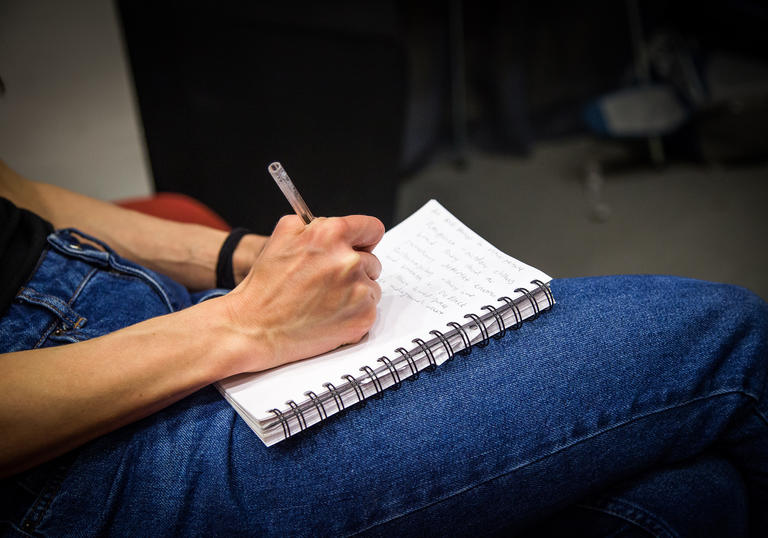 Close up of a notepad on a knee