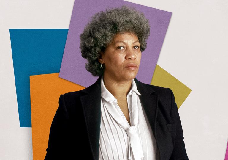Toni Morrison looks towards the camera