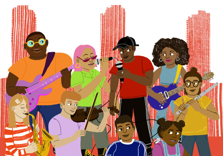 Illustration of the Barbican Box young performers playing music together in front of the Barbican's three towers