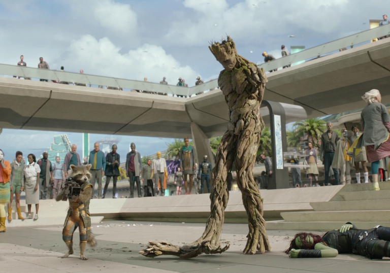 image of groot standing in the middle of a public space