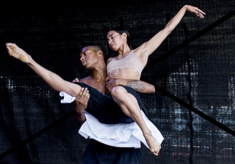 Two dancers on stage at Walthamstow Garden Party 2018