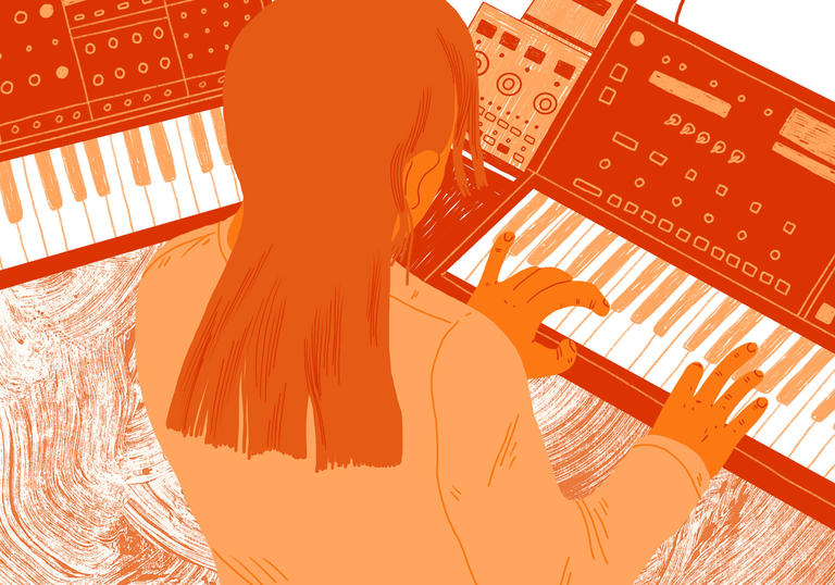 illustration of a person playing synth music