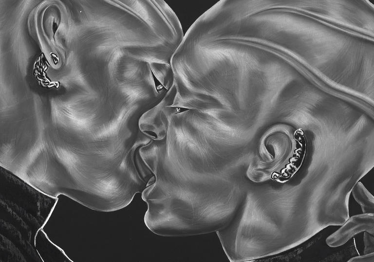 Black and white drawing of two figures kissing