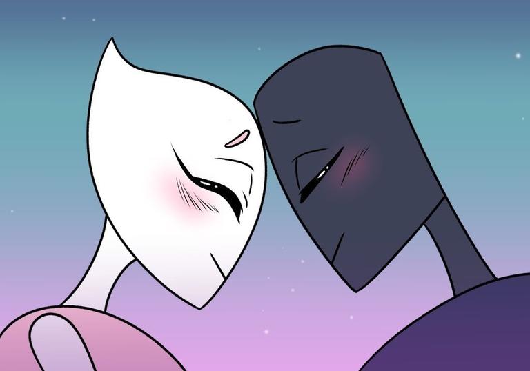 A cartoon of two robots with their heads pressed together, they look like they are in love