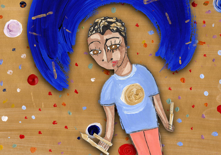 An illustration of a young person holding paint brushes and pens. A sweep of blue paint creates a rainbow over their head.