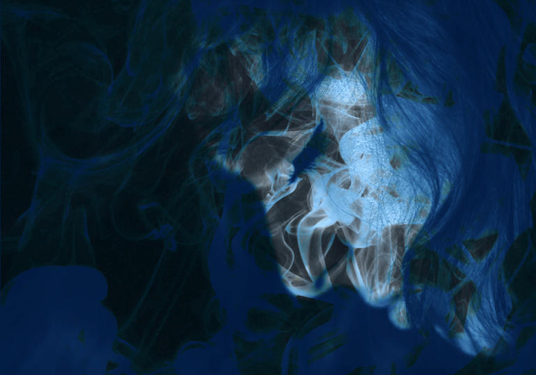 Silhouette of a woman's face in profile, looking down with eyes closed, overlaid with blue smoke