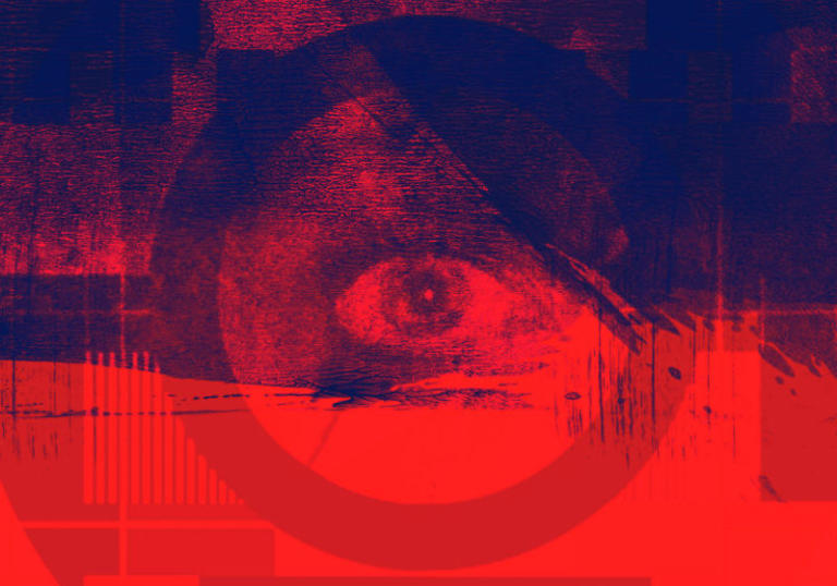 red and dark blue graphic artwork showing an abstract image of an eye insode a circle