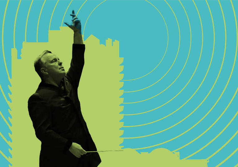 Outline of Sakari Oramo conducting in front of a Barbican tower