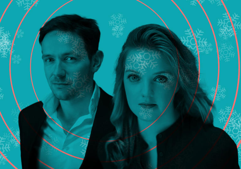 Iestyn Davies and Rowan Pierce on background of snowflakes and sonar waves