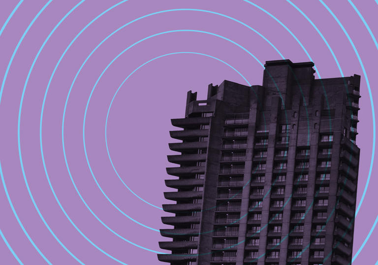 Barbican tower on purple background with sonar waves emitting from it