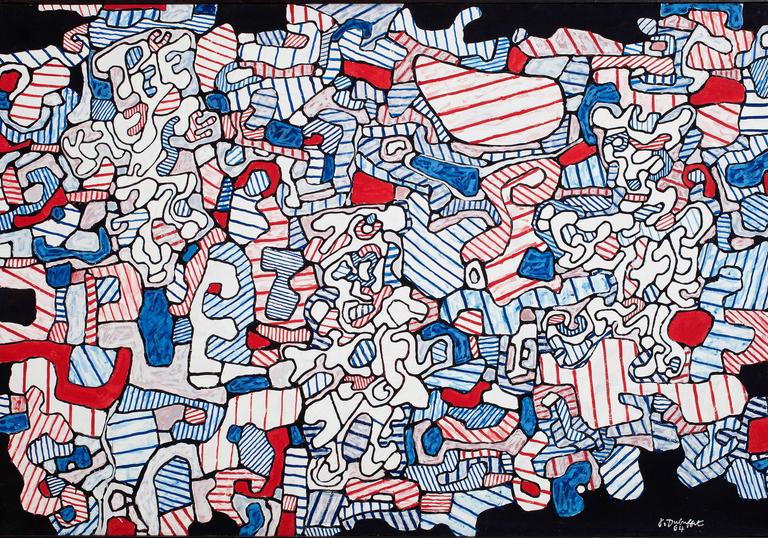 a Jean Dubuffet painting featuring white, red and blue abstract shapes