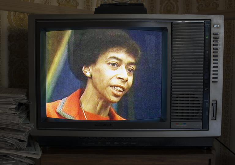 an image of marion stokes on an old fashioned TV