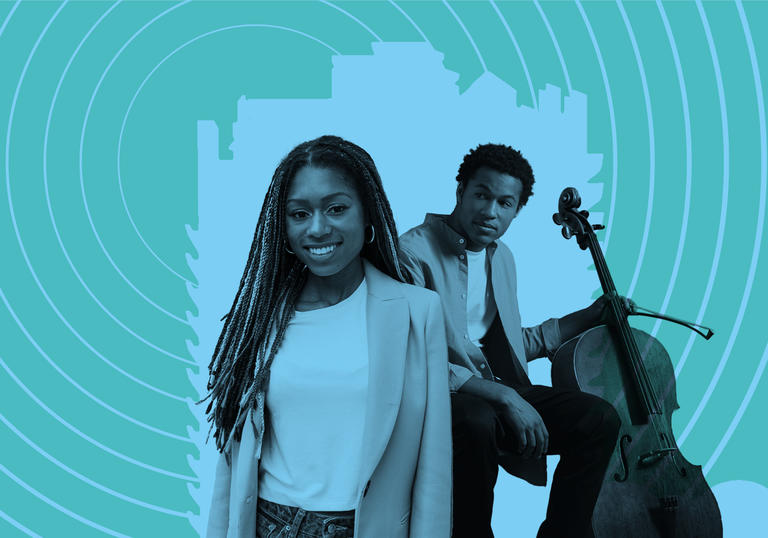 Sheku Kanneh-Mason with his cello and Isata Kanneh-Mason in front of the Barbican with radio broadcast waves emitting