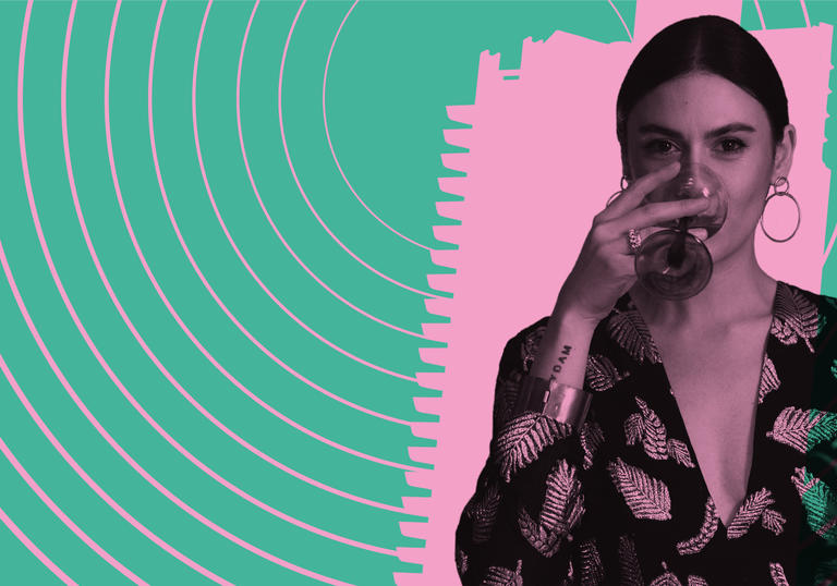 photo of nadine shah drinking from a glass, overlaid with pink and green graphics