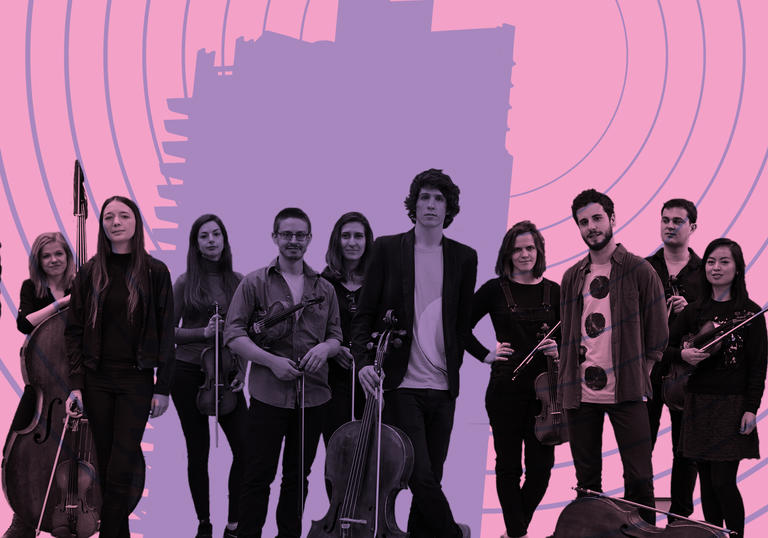 12 Ensemble with their string instruments, standing in front of the Barbican tower with radio broadcast waves emitting