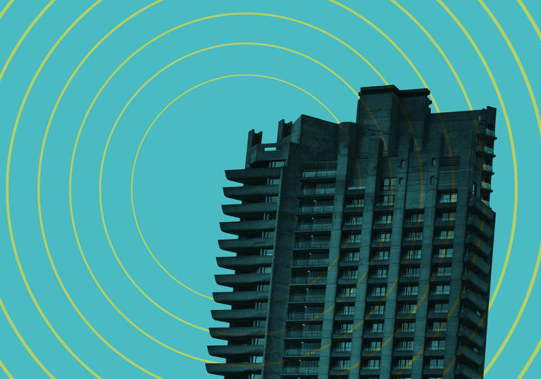 Barbican tower on blue background with radio waves emitting from it