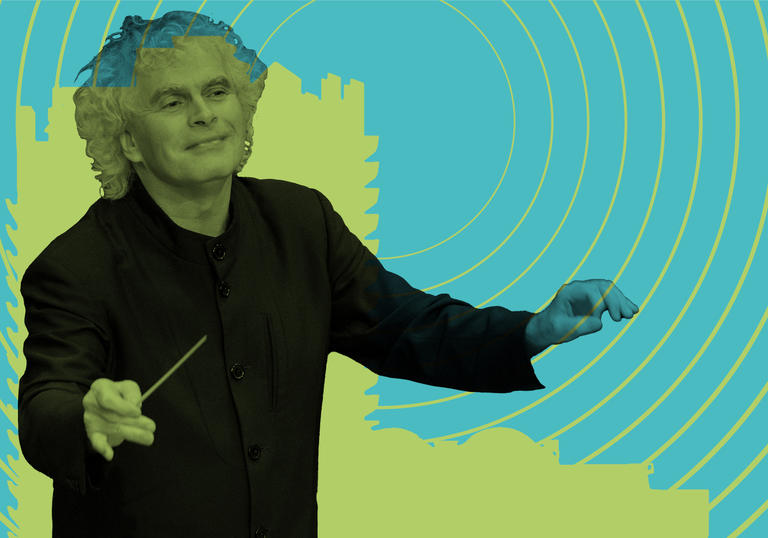 Simon Rattle conducting in front of a Barbican tower with radio waves emitting from it