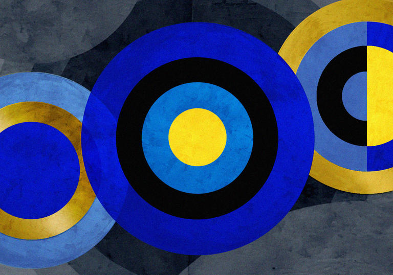 A visual motif of three circles, a colour palette of blues and golds
