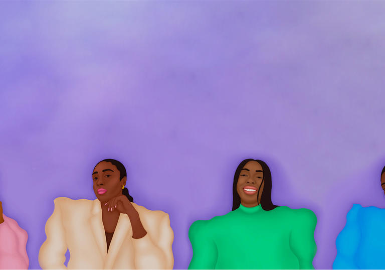 An illustration of four Black women, the person on the left is wearing a pink suit jacket, the person on the left in the middle has a cream blazer on, the person in the middle right has a green jumper on and the person on the right hand side has a blue jumper on