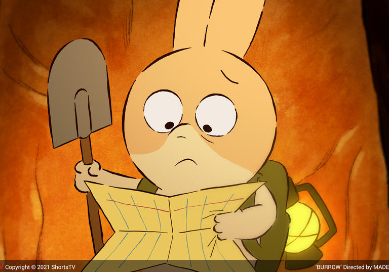 a bemused animated bunny holding a spade and looking at a map
