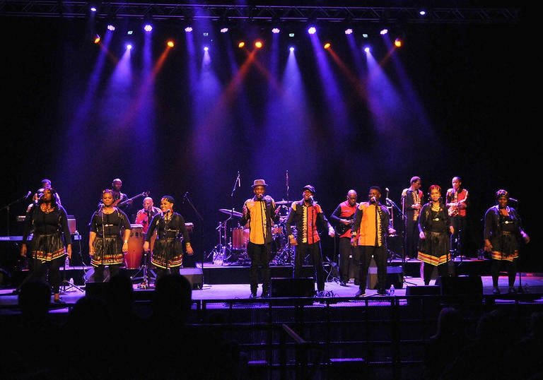 a wide shot of the LAGC performing on a concert stage
