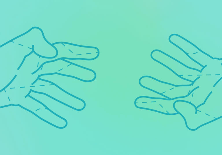An illustration of two hands reaching for each other outlined in black with a blue background.