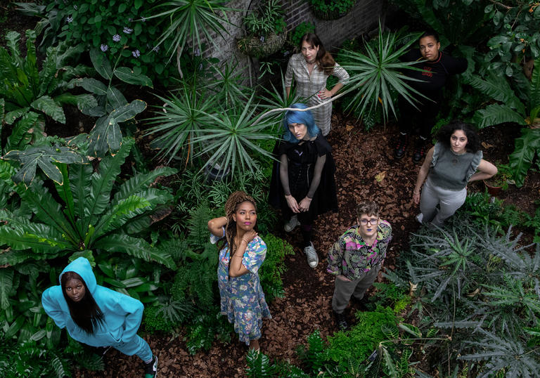 Of Shadow and Light festival image - Guildhall PACE students photographed from above in Barbican Conservatory