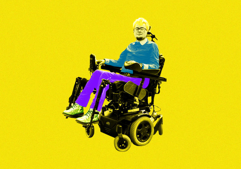 Jamie Hale is shown in a pop art style in their powered wheelchair. The colour of their photograph has been made black and white and then their trousers have been painted purple and their top is blue. The background is yellow and the words CRIPtic span the width of the image in red bold font behind Jamie.