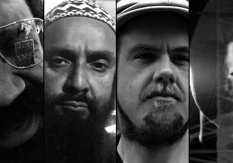 A montage of the members of Speakers Corner quartet. Four close up portraits of each of their faces.